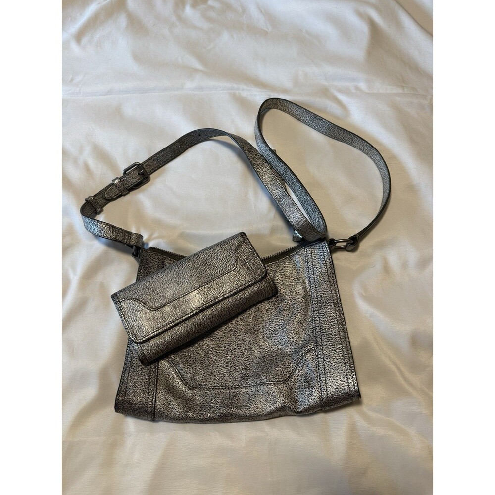 Frye Metallic Leather Crossbody Bag + Matching Wallet Pewter Silver Set